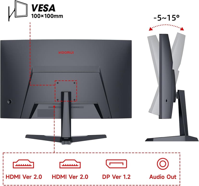 KOORUI 27 inch Curved Gaming Monitor 180Hz FHD 1080P Computer Monitor,VA 1500R Display,Eye Care,Adaptive Sync,DisplayPort1.2& HDMI2.0,VESA Compatible,Tilt Adjustable,Black