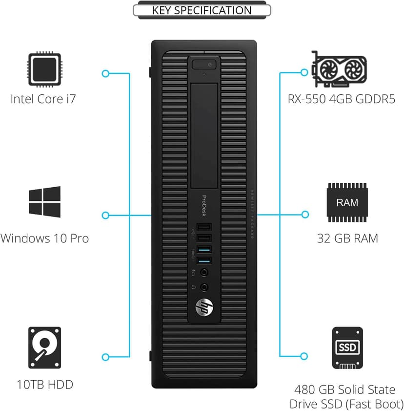 HP Video Editing CAD 800 G1 Desktop Computer PC, Intel Core i7-4570 3.2 GHz Processor, 32GB RAM, 480GB SSD (Fast Boot) + 10TB HDD, Graphics Card RX-550 4GB GDDR5, WiFi, Windows 10 Pro (Renewed)