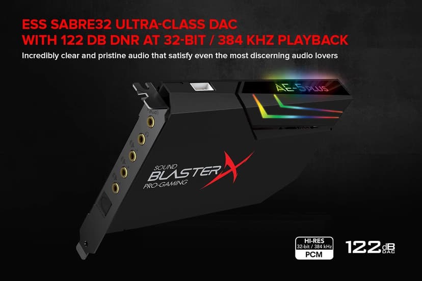 Creative Sound BlasterX AE-5 Plus SABRE32-class Hi-res 32-bit/384 kHz PCIe Gaming Sound Card and DAC with Dolby Digital and DTS, Xamp Discrete Headphone Bi-amp, Up to 122dB SNR, RGB Lighting System