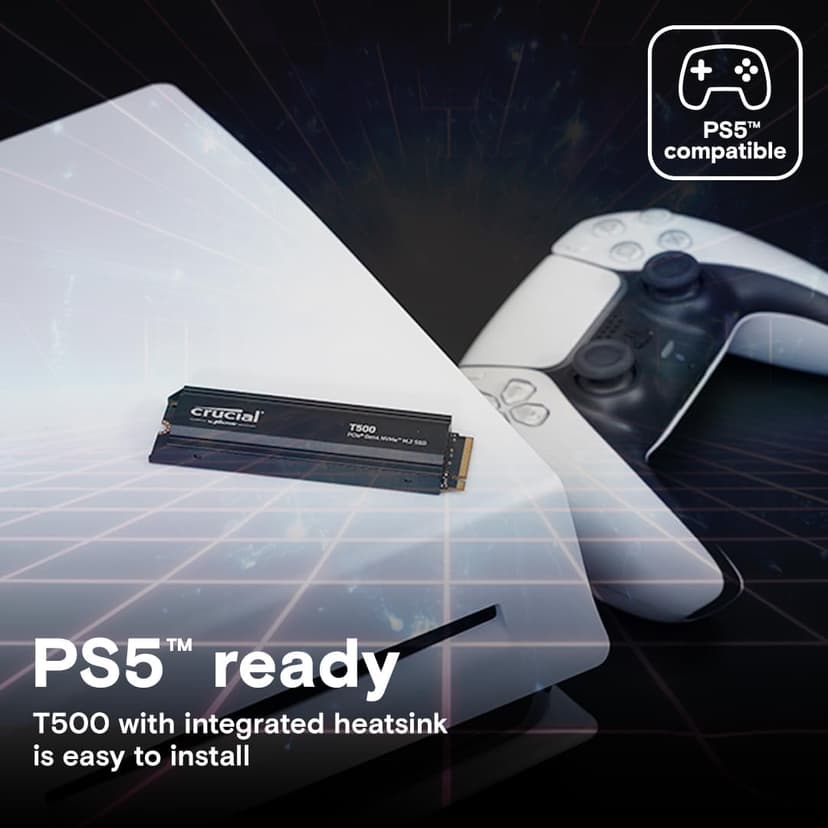 Crucial T500 2TB Gen4 NVMe M.2 Internal Gaming SSD with Heatsink, Up to 7400MB/s, PlayStation 5 Compatible + 1mo Adobe CC All Apps- CT2000T500SSD5