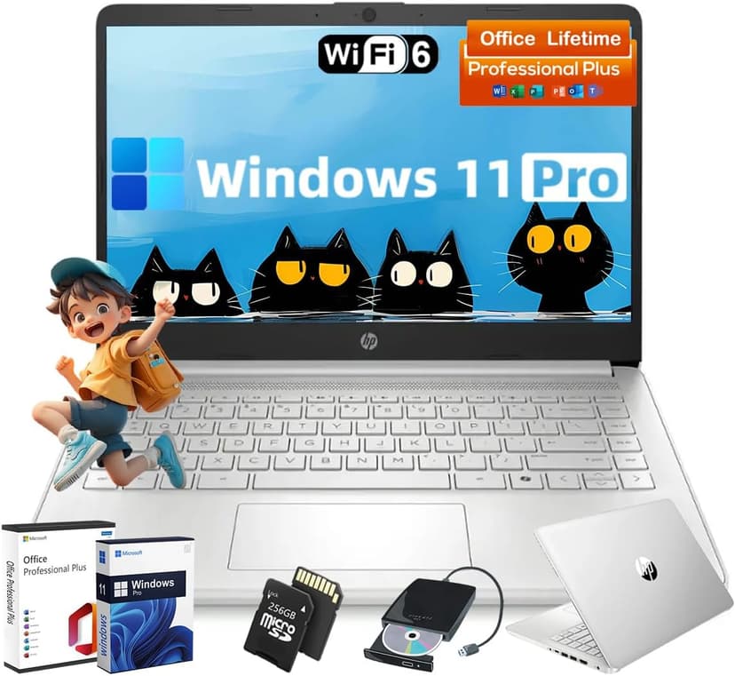 HP Business Student Laptop Computer - Windows 11 Pro & Microsoft Office Lifetime | 14 inch HD | AI-Powered, 12 Hr Batter N-Serious Laptop| 16GB RAM, 128GB UFS, 256GB Extend Micro SD | Silver