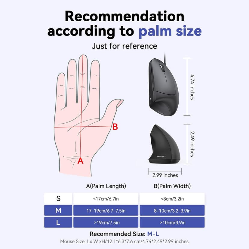 TECKNET Wired Mouse, 6400 DPI Ergonomic Mouse 6 Buttons Silent Mice 4 Adjustable DPI Vertical Mouse Compatible with Windows/Chrome/Laptop/Computerice