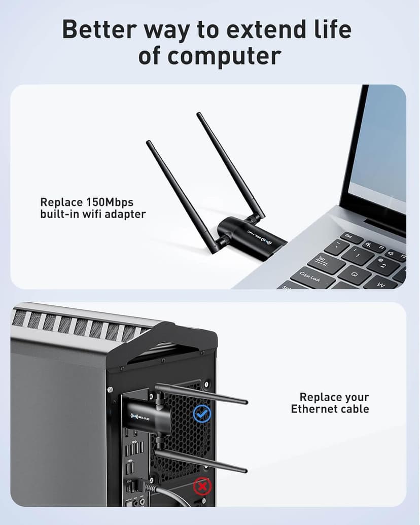 Wireless USB WiFi Adapter for PC - Nineplus 1300Mbps Dual 5Dbi Antennas 5G/2.4G WiFi Adapter for Desktop PC Laptop Windows11/10/8/7/Vista/XP, Wireless Adapters for Desktop Computer Network Adapters