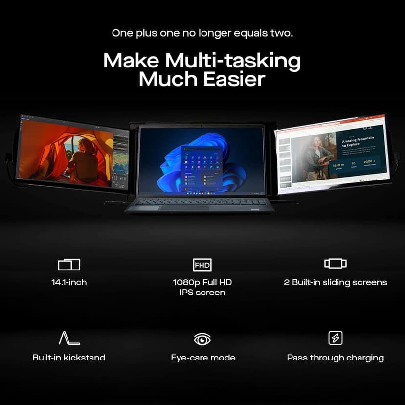Trio Max 14.1" Mobile Pixels Portable Laptop Monitor(2025 Version), FHD IPS Triple Monitor with Built-in Kickstand, Type-C/USB A Laptop Screen Extender(Optional Magnets), Windows/Android/macOS/Switch