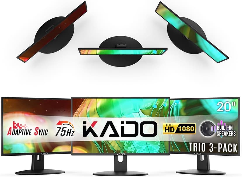 Kado Triple Monitor Setup - 3-Pack 20" 1600x900 Computer Monitor 75Hz VESA Mount HDMI Office Gaming Hybrid Sim Racing Built-in Speakers (E20X Trio Series)
