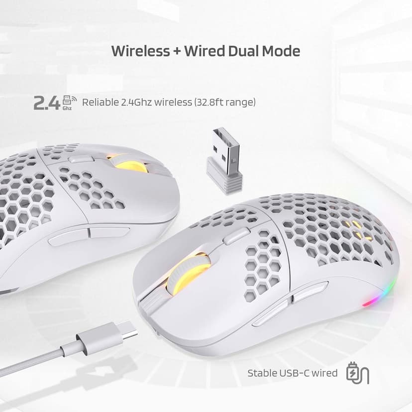 LTC WHM-001 Mosh Pit Wireless Gaming Mouse, 10,000 DPI 2.4Ghz/ Wired RGB Ambidextrous Mice w/Lightweight Honeycomb Shell, Ergonomic Shape for Right or Left Hand Use, for PC/Mac/Laptop, White