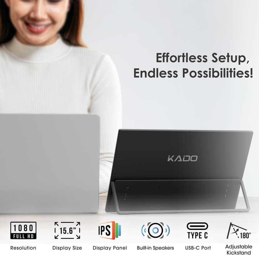 Kado Portable Monitor 15.6'' FHD 1080p, Ultra-Slim Laptop Monitor 1920x1080 with Built-in Speakers, IPS Display 180° Kickstand Wall/Arm Mount for PC, Mac, Phone, Xbox, PS5, USB-C & HDMI Connectivity