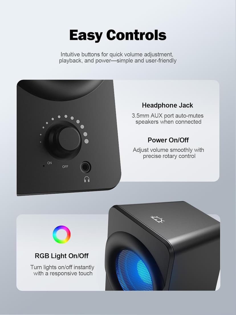 Bluedee Computer Speakers for Desktop PC, Plug & Play USB Speaker with 2 Speaker Units, Dynamic RGB Light PC Speakers, USB/Type-C Powered Wired Speakers for Desktop, Laptop, Projector