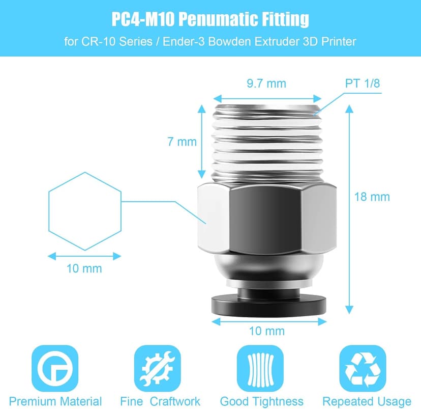 10PCS Premium PC4-M10 Pneumatic Quick Connector Fittings, Bowden Tube Coupler Male Straight PTFE Tube Push for E3D-V6, Bowden Extruder Parts Compatible with Ender-3 and Ender-3 V2 3D Printer