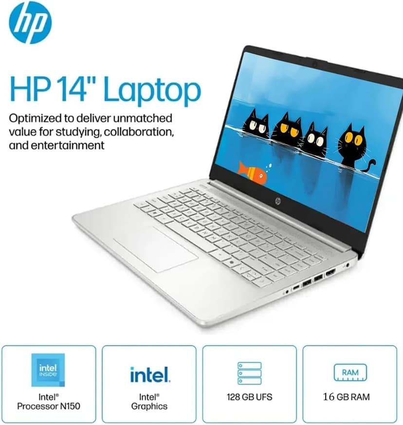 HP Business Student Laptop Computer - Windows 11 Pro & Microsoft Office Lifetime | 14 inch HD | AI-Powered, 12 Hr Batter N-Serious Laptop| 16GB RAM, 128GB UFS, 256GB Extend Micro SD | Silver