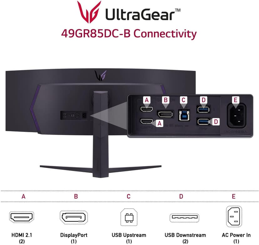 LG 49" UltraGear DQHD (5120x1440) Curved Gaming Monitor, 240Hz, 1ms, VESA DisplayHDR 1000, HDMI 2.1, DisplayPort, 4-Pole HP Out DTS HP:X, AMD FreeSync Premium Pro, Tilt/Swivel/Height Stand, Black