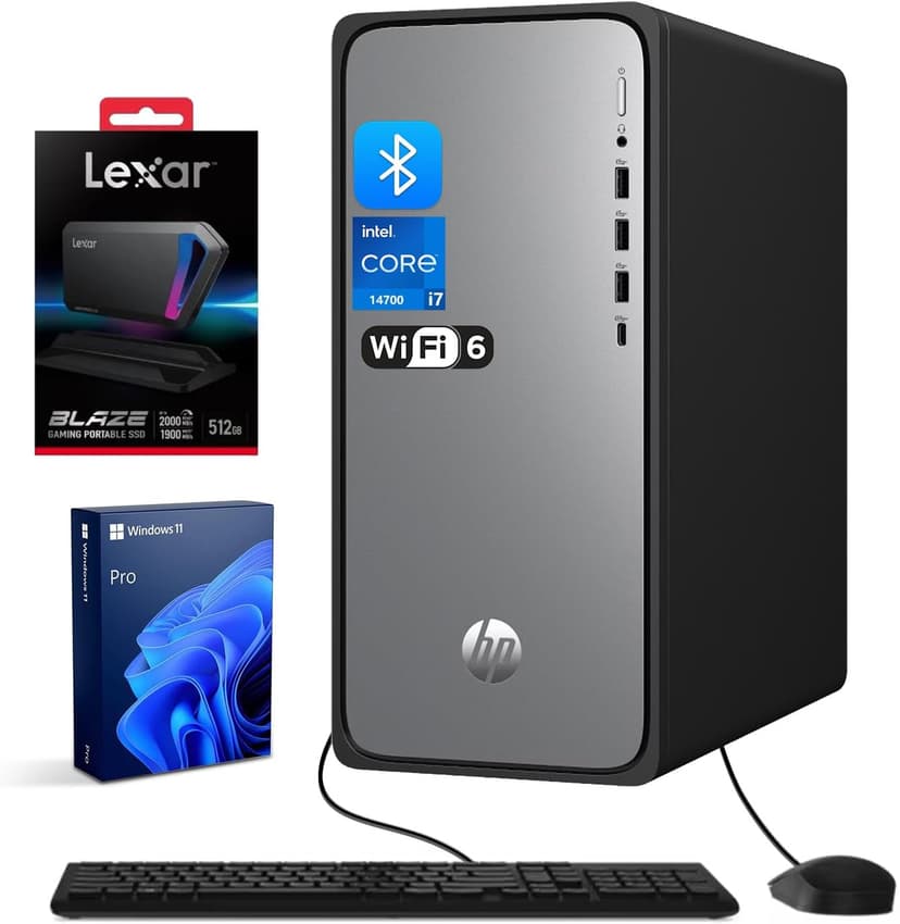 HP OmniDesk M02 Premium AI Copilot Tower Desktop, 20-Core Intel Core i7-14700, 64GB DDR5, 2TB SSD, Wired KB & Mouse, Wi-Fi 6, Bluetooth, Win11 Home, Black, Bundle with Lexar SL660 512GB Portable SSD