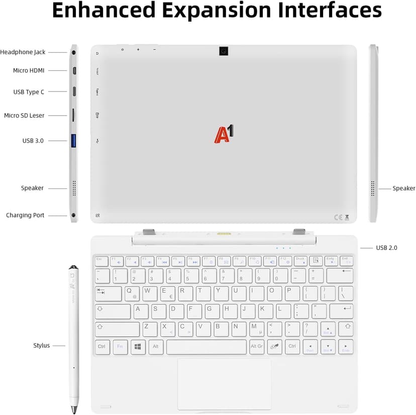2-in-1 Detachable Touch Screen Laptop, 8GB DDR4 RAM, 128GB SSD, 10.1" Win 11 Tablet with Keyboard, Pentium N5030 (Up to 3.1GHz), Dual-Band WiFi, Bluetooth, USB 3.0, Dual Camera, White