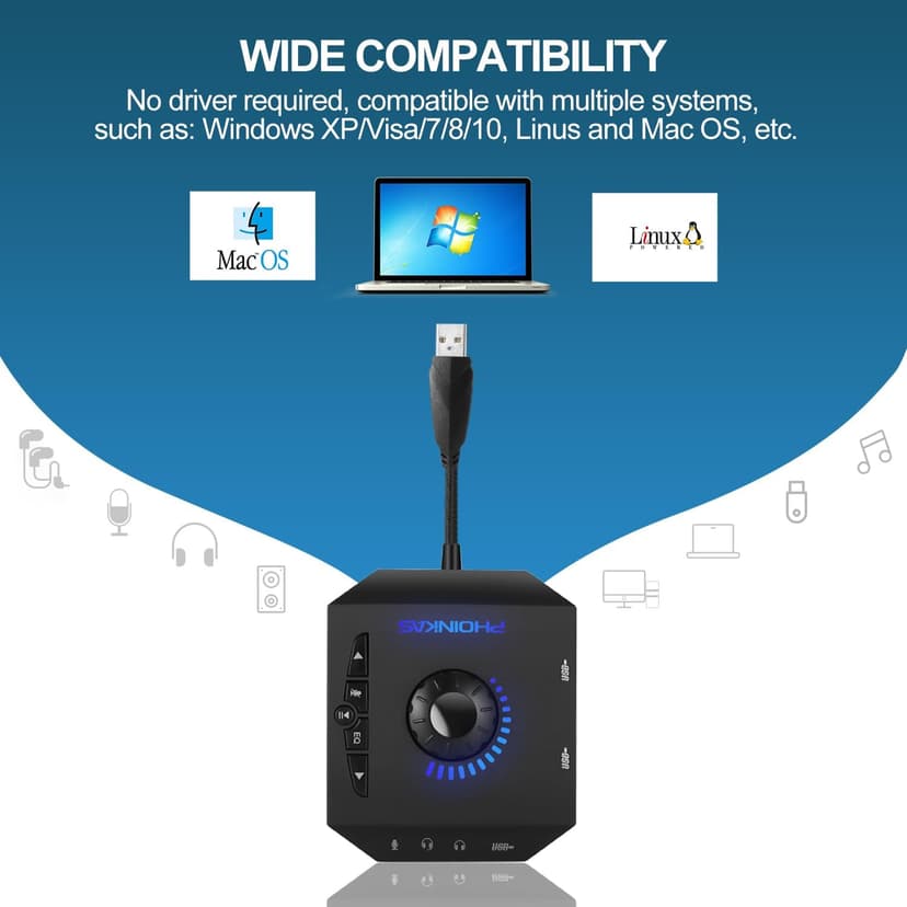 T10 External Sound Card, PHOINIKAS USB Audio Adapter for PC Windows, Mac, Linux, Laptops, Desktops, Stereo Sound Card with 3.5mm Interface & USB Interface, Volume Control, Plug & Play (6-in-1, Black)