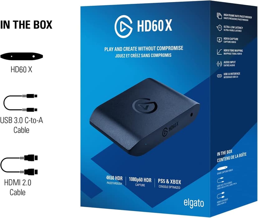 Elgato HD60 X - Stream and Record in 1080p60 HDR10 or 4K30 with Ultra-low Latency on PS5|Pro, PS4|Pro, Xbox Series X/S, Xbox One X|S, Nintendo Switch 2, in OBS and More, Works with PC and Mac