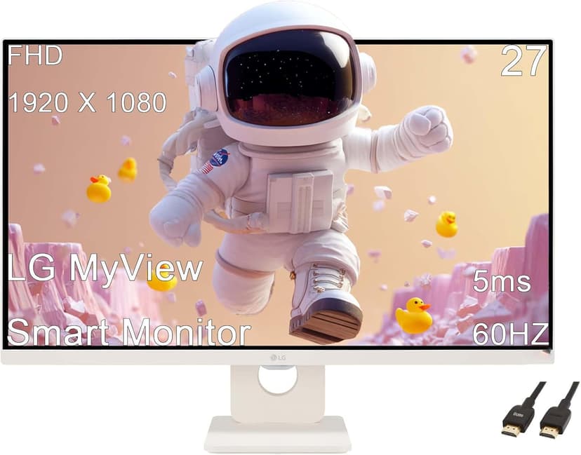 LG 27 MyView Smart Monitor, FHD IPS, 5ms, 60hz, WebOS 23, Built-in Speakers, ThinQ Home Dashboard, AirPlay 2, Screen Share, Bluetooth, HDR10, Flicker Safe, Reader Mode, White, with 5ave HDMI