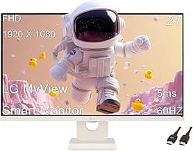 LG 27 MyView Smart Monitor, FHD IPS, 5ms, 60hz, WebOS 23, Built-in Speakers, ThinQ Home Dashboard, AirPlay 2, Screen Share, Bluetooth, HDR10, Flicker Safe, Reader Mode, White, with 5ave HDMI
