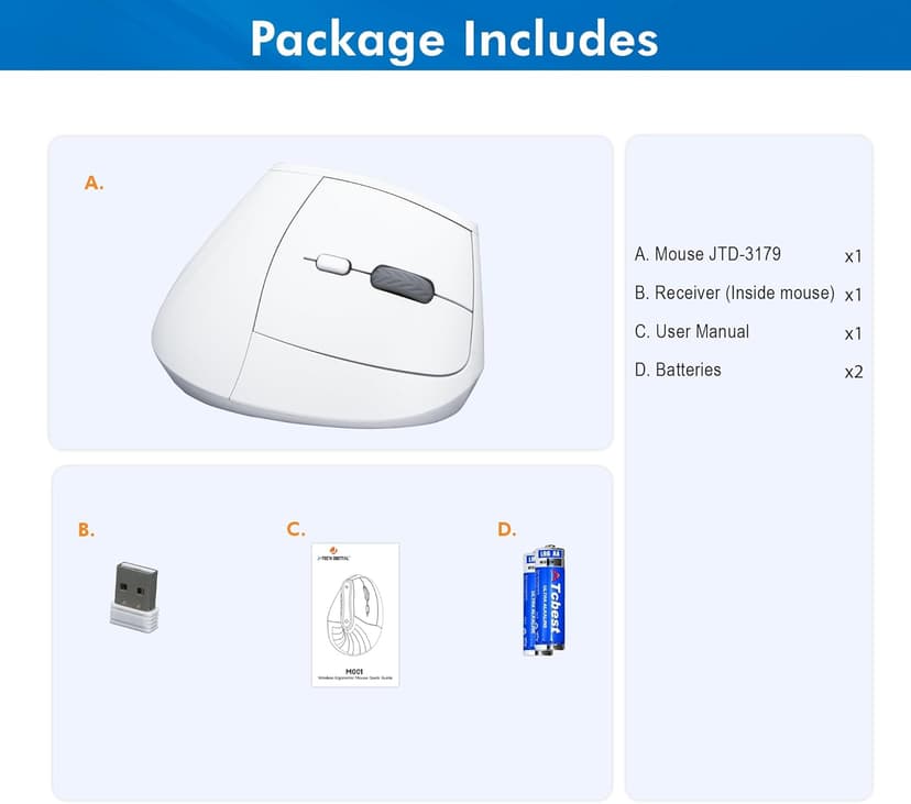J-Tech Digital Wireless Mouse, Vertical Ergonomic Mouse with 2.4G Wireless & Bluetooth for 3 Multi-Device Function, Adjustable DPI Modes, Compatible with PC, Mac, Laptop - White