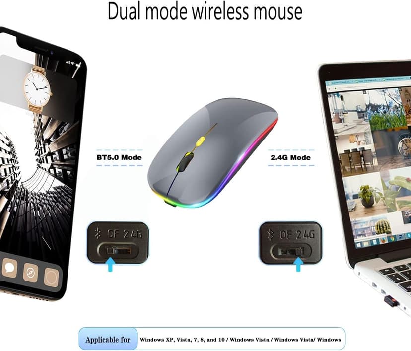 Wireless Bluetooth Mouse Rechargeable Laptop Mice with LED Lights Silent Slim Use(BT5.2 and 2.4G Portable USB) Dual Mode Computer Mouse for Laptop/iPad/Tablet/Apple/Computer/Mac (Grey)