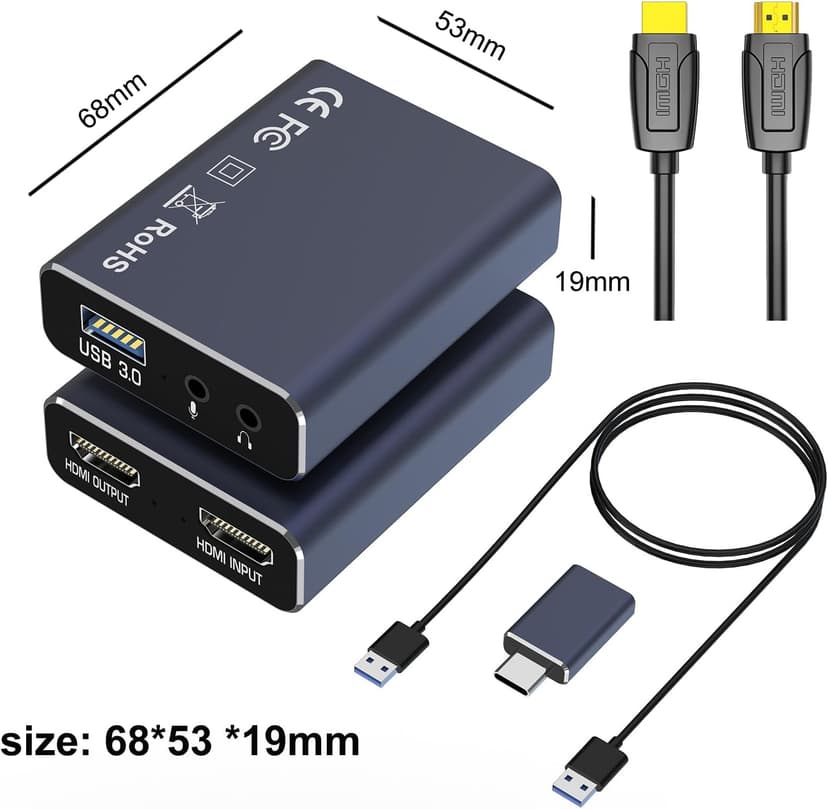 4K Capture Card Gray for Streaming, Recording & Gaming – HDMI Video Capture Device with USB 3.0, 1080p 60fps, Zero Latency for PS5, Xbox, Switch, OBS, PC, Mac – Plug & Play, No Driver Needed