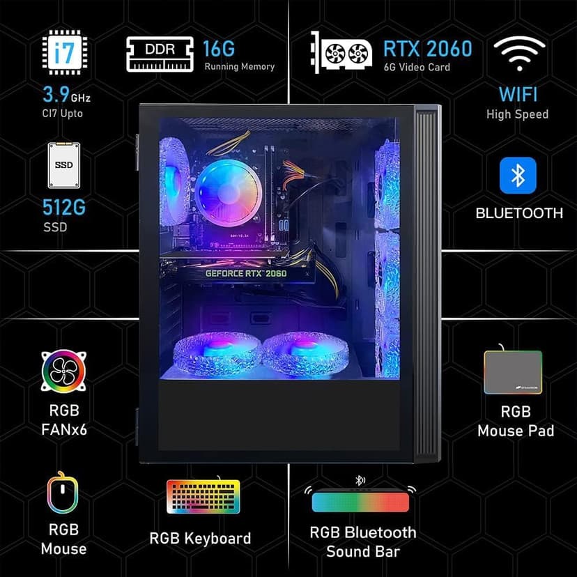STGAubron Gaming PC Desktop, GeForce RTX 2060 6G GDDR6, Intel Core i7 up to 3.9 GHz, 16G RAM, 512G SSD, WiFi, BT 5.0, RGB Fan x6, RGB BT Sound Bar, Windows 10 Home