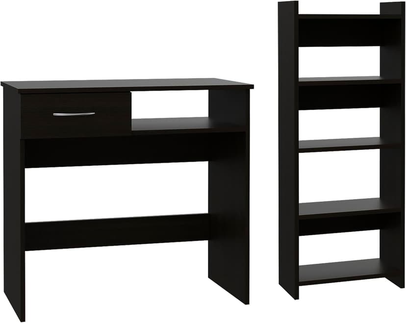 Home Office Set for Enhanced Productivity, Compact Design with Drawer, Desktop, and Five Shelves, Black