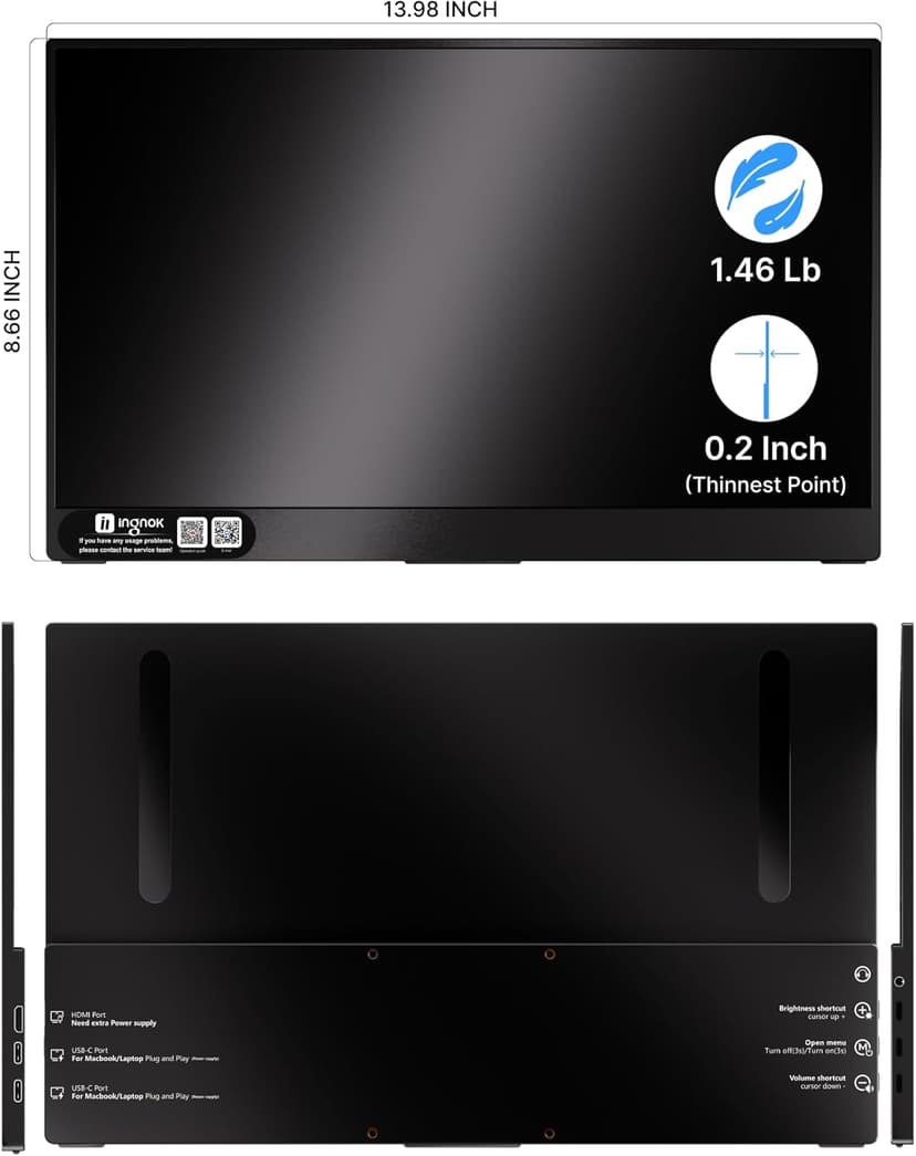Ingnok 15.6'' FHD IPS Portable Monitor – Ultra Slim External Screen with USB C/HDMI for Laptop, Mac, PC, Phone, PS4, PS5, Switch (Renewed)