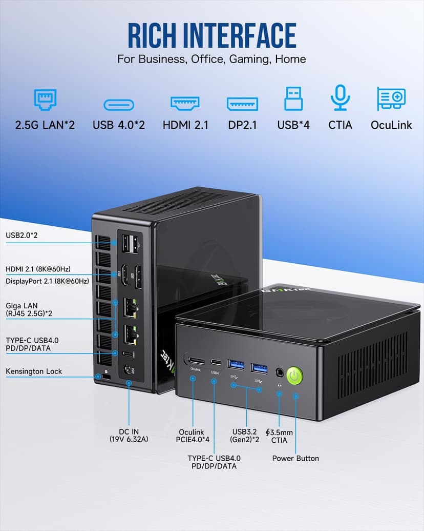 GMKtec Gaming Mini PC K8 Plus AMD Ryzen 7 8845HS(8C/16T, up to 5.1GHz) 32GB DDR5 RAM 1TB SSD, Desktop Computer Dual NIC 2.5G, HDMI 2.1, USB4
