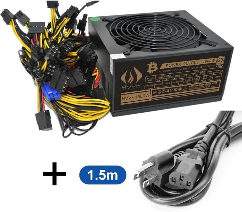 20+4 Pin Silent Noise Reduction Miner/PC GPU ATX 1600W Power Supply 87 Plus Gold Designed for US Voltage 110V 1600w Mining ETH PSU Max Support 8 Graphics with 1.5m US Plug Adapter Cable
