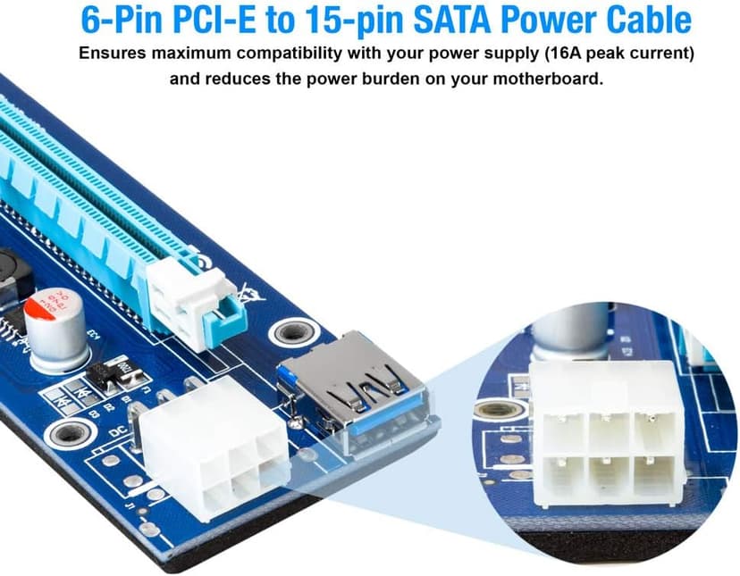 Kingwin PCIe Riser Card Adapter 1x to 16x with 6-Pin Power Cable, SATA to PCI-E Extension Cable for GPU Bitcoin Mining, Ethereum, ETH, Crypto Mining Rig (Latest Version)