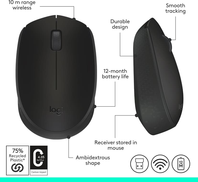 Logitech M170 Wireless Mouse for PC, Mac, Laptop, 2.4 GHz with USB Mini Receiver, Optical Tracking, 12-Months Battery Life, Ambidextrous - Black