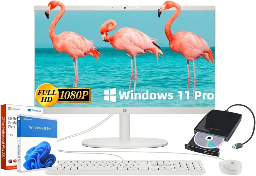 HP 2025 All-in-One Desktop Computer - Intel Celeron J4025 Processor • 21.5'' FHD Display • Free External CD/DVD Drive • Microsoft Office Lifetime • 32GB RAM • 1TB SSD • Wi-Fi 6 • Win 11 Pro • White