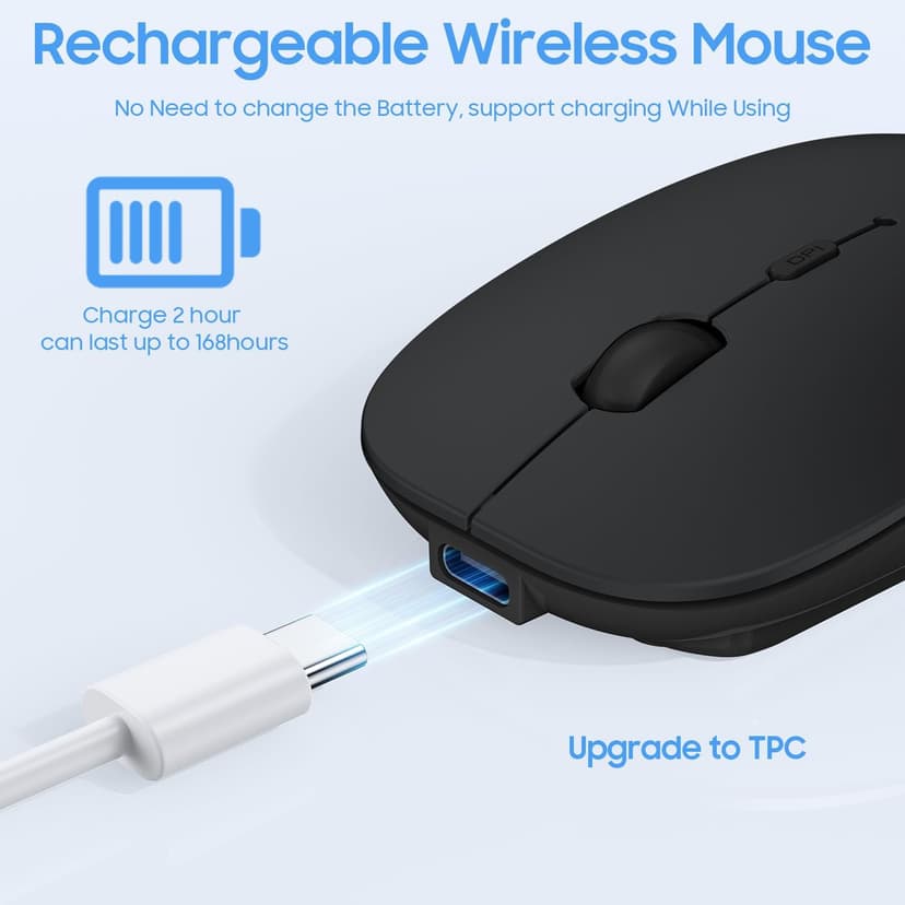 Bluetooth Mouse for Laptop/MacBook/iPad/Android PC,Rechargable Quiet Slim Wireless Mice Compatible with Windows/Linux/Tablet,Black