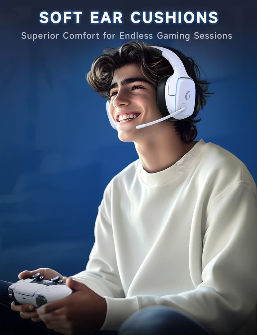 2.4GHz Wireless Gaming Headsets for PS5, PS4, PC, Switch - Bluetooth 5.3 Gaming Headphones with Noise Canceling Mic, 7.1 Surround Sound, 70H Battery, Blue Lighting - White