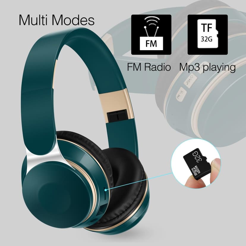 RAT TAIL Bluetooth Headset, Chat- Comfortable Over Ear Stereo Wireless Headphones with Mic, Soft Earmuffs/Foldable/SD/TF/FM Radio, 20H Playtime, Great for Music/Tour/Gym/Game/Chat (Deep Green)