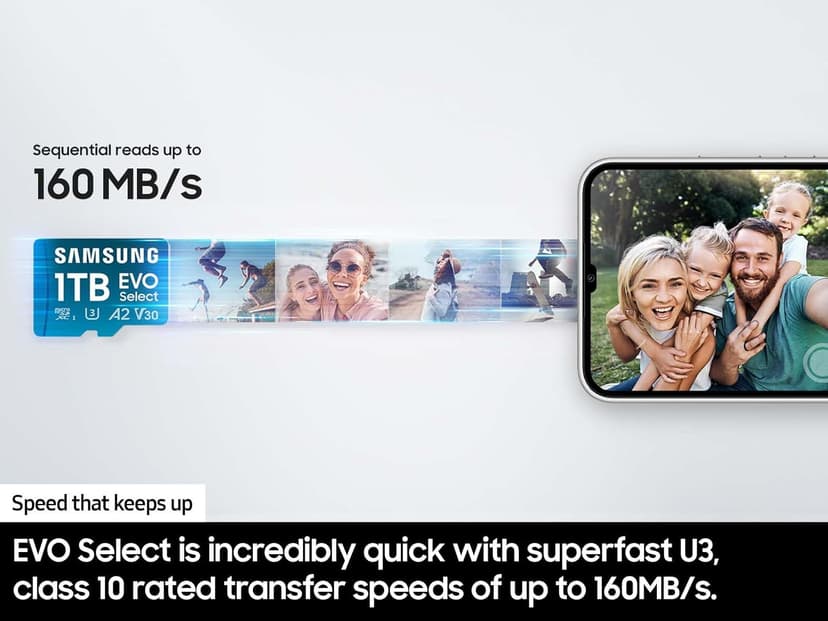 Samsung EVO Select microSDMemory Card + Adapter, 512GB microSDXC, Up-to 160 MB/s, 4K UHD, UHS-I, C10, U3, V30, A2, for Mobile Phone, Smartphones, Nintendo-Switch, and Tablets (MB-ME512SA/AM)