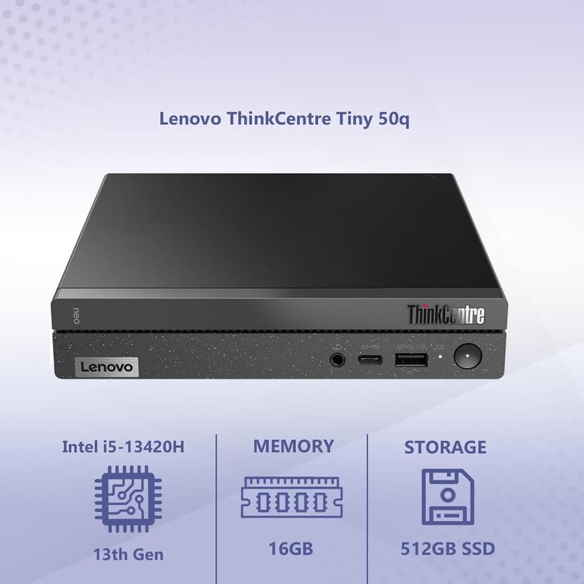 Lenovo ThinkCentre Tiny 50q Intel Octa Core i5-13420H (Beats Intel i7-1260P), 16GB RAM, 512GB NVMe, DisplayPort, HDMI, WiFi 6 + BT, RJ-45, W11P, Business Desktop