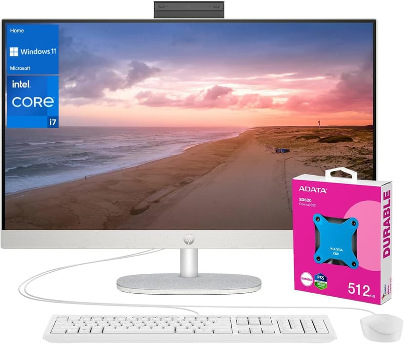 HP 27 i7 All in One Desktop, 27" FHD, Intel i7-1355U, 32GB RAM, 1TB SSD, Wired Keyboard & Mouse, IR Camera, HDMI, RJ45, Wi-Fi 6, Windows 11 Home, White with ADATA 512 External SSD Bundle