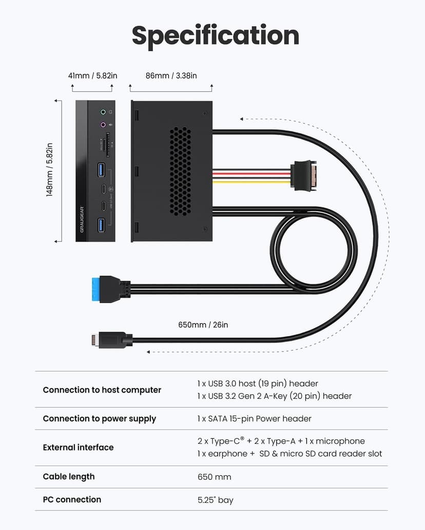 GRAUGEAR 5.25 Inch 10Gbps USB 3.2 PC Front Panel Card Reader with Audio Ports, SD/microSD Internal Card Reader, USB3.2 Type-E Key-A 20-Pin Header & USB3.0 Header & 15-Pin SATA Power Connector Required