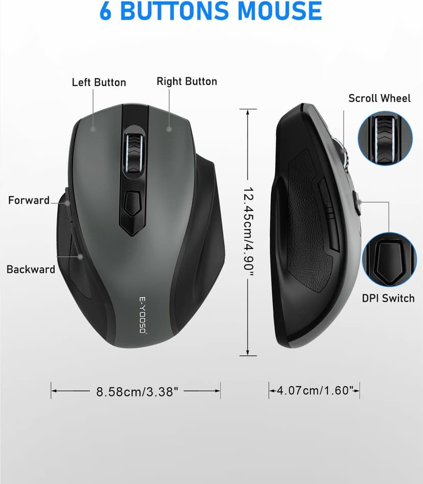 E-YOOSO Wireless Mouse, 2.4G USB Computer Mouse with 5 Levels 4000 DPI, 18 Months Battery Life, Ergonomic Grips, 6 Buttons Large Optical Mouse for Laptop, Mac, PC, Chromebook, Notebook (Gray)