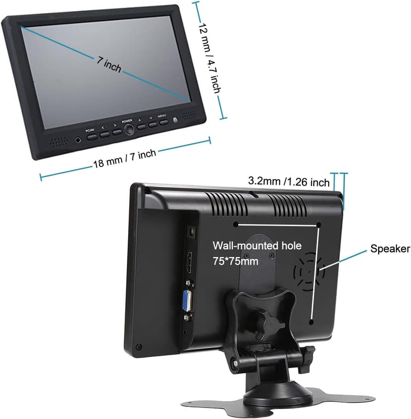 7 inch Small HDMI VGA AV RCA Monitor 1080P Second Screen for PC/Security System/Game Console; IPS 1024X600 Pixels; 60HZ; Built in Loud Speakers & Earphone Jack; 12V USB Power Cable for Portable Use