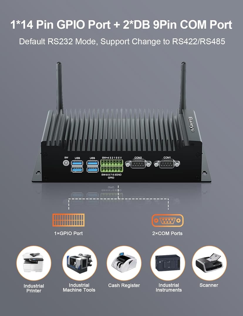 Baieyu Industrial PC with Core i3-10110U (Up to 4.10GHz), 8GB DDR4 RAM 256GB M.2 SSD, Fanless Industrial PC, 2×RS232 COM, Support RS422/RS485, 1×GPIO, 2×HD, 1×DP, 2×RJ45 LAN, 6×USB Port, Win 11 Pro