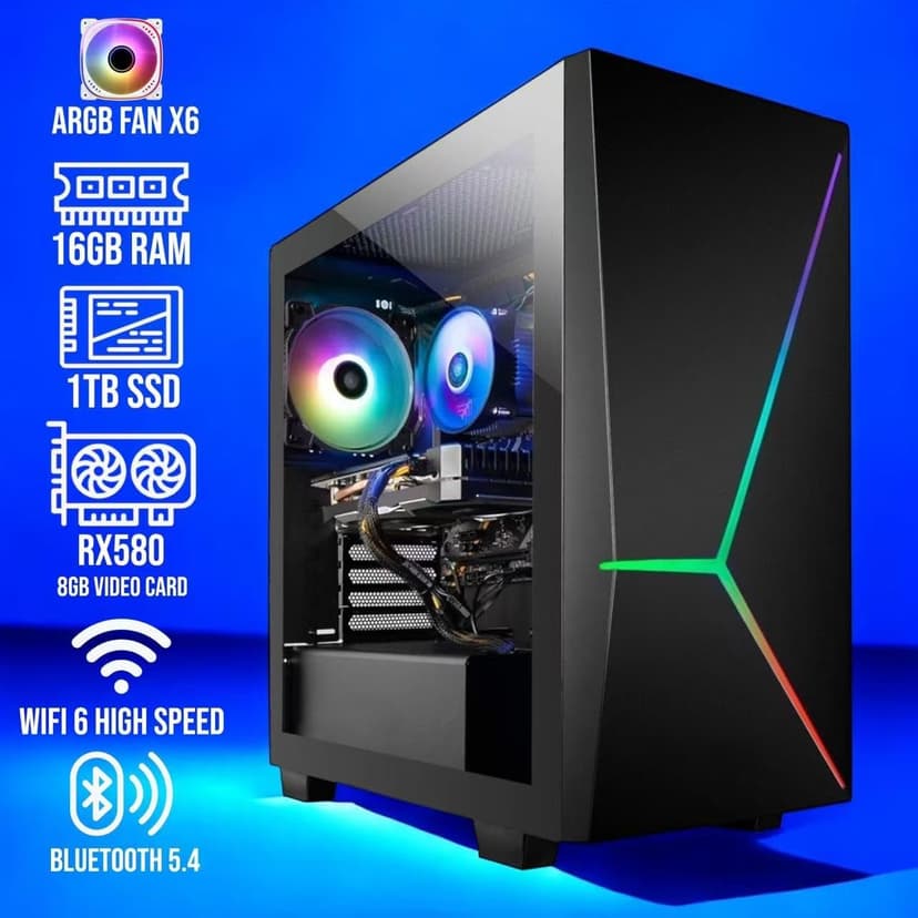 Gaming PC Desktop, Intel Core i7 up to 3.9GHz, 16G RAM, 512G SSD,AMD RX580 8GB DDR5, 900M WiFi, BT 5.4, RGB Fan x6, RGB Keyboard Mouse Set, Windows 11 Pro