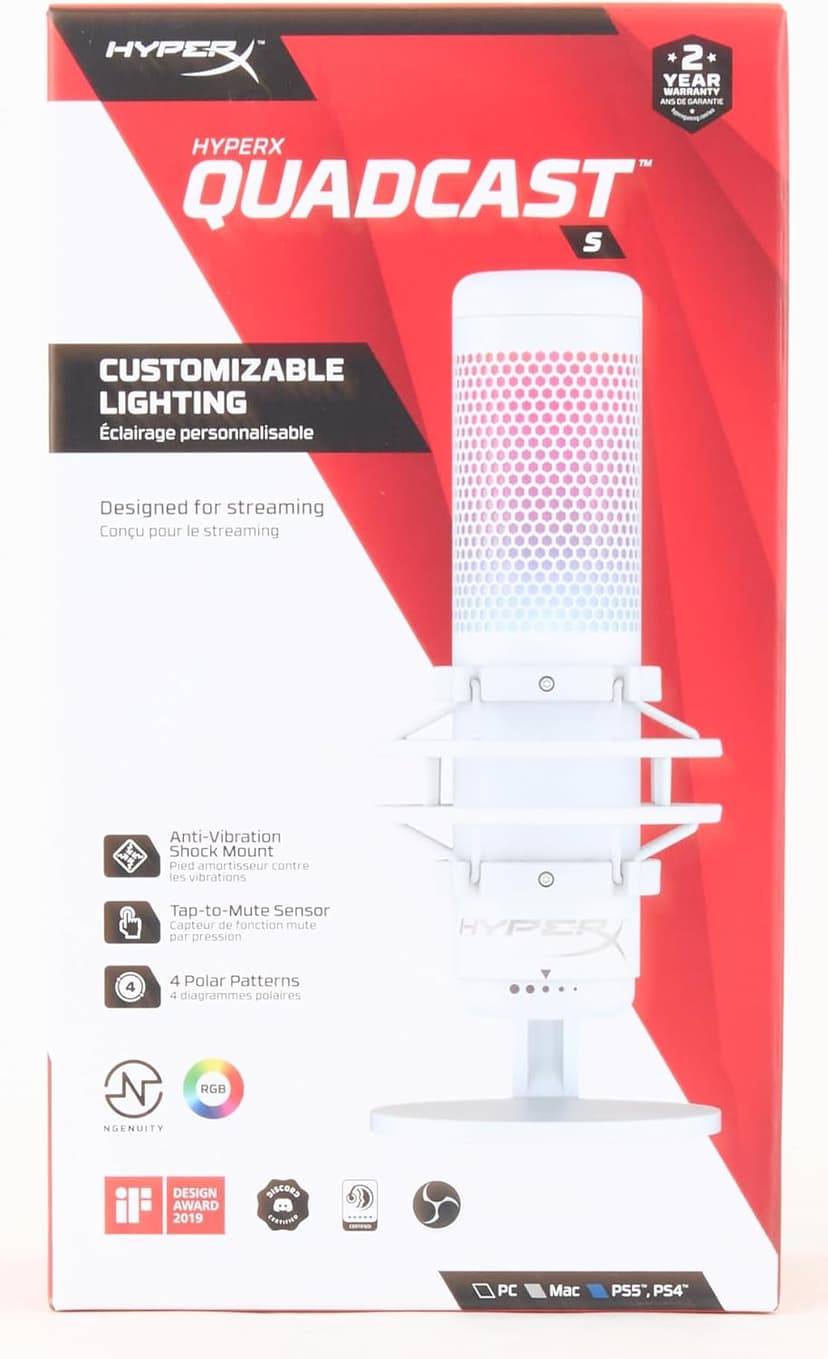 HyperX QuadCast S – RGB USB Condenser Microphone for PC, PS5, Mac, Anti-Vibration Shock Mount, 4 Polar Patterns, Pop Filter, Gain Control, Gaming, Streaming, Podcasts, Twitch, YouTube, Discord – White