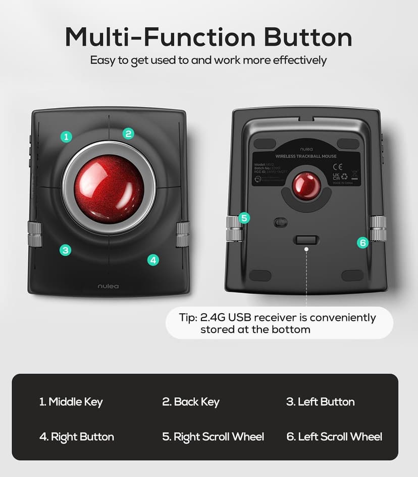 Nulea M512 Wireless Trackball Mouse, Ergonomic 55mm Trackball, Adjustable DPI for Precise Control, Left or Right Hand Compatible, Rechargeable, Multi-Device Bluetooth & 2.4GHz for PC, Laptop, Mac