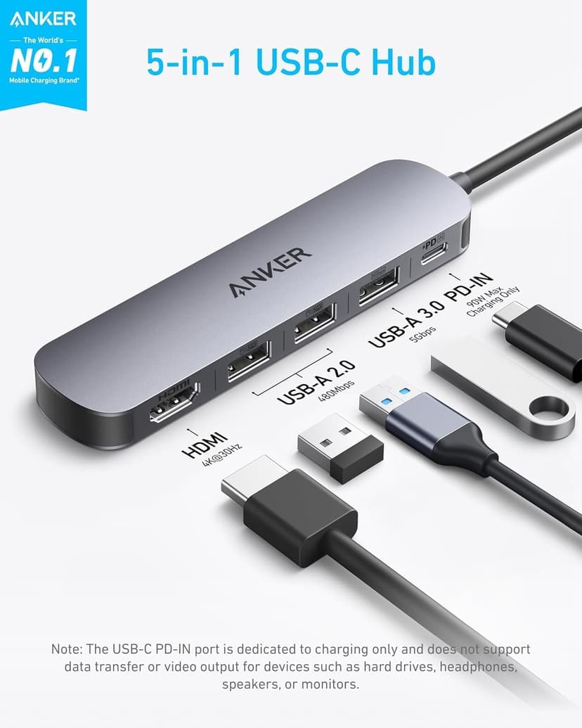 Anker USB C Hub (5-in-1), 4K@30Hz HDMI USB Hub with 90W Max Power Delivery, USBC & USBA Data Ports, Compact and Stylish for MacBook, Dell XPS, and More (Charger Not Included)