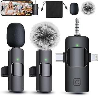 PQRQP 3 in 1 Professional Wireless Lavalier Microphone for iPhone, Android, Camera, Wireless Microphones, Mini Microphone, Crystal Clear Sound Quality for Recording, Live Streaming, YouTube, TikTok