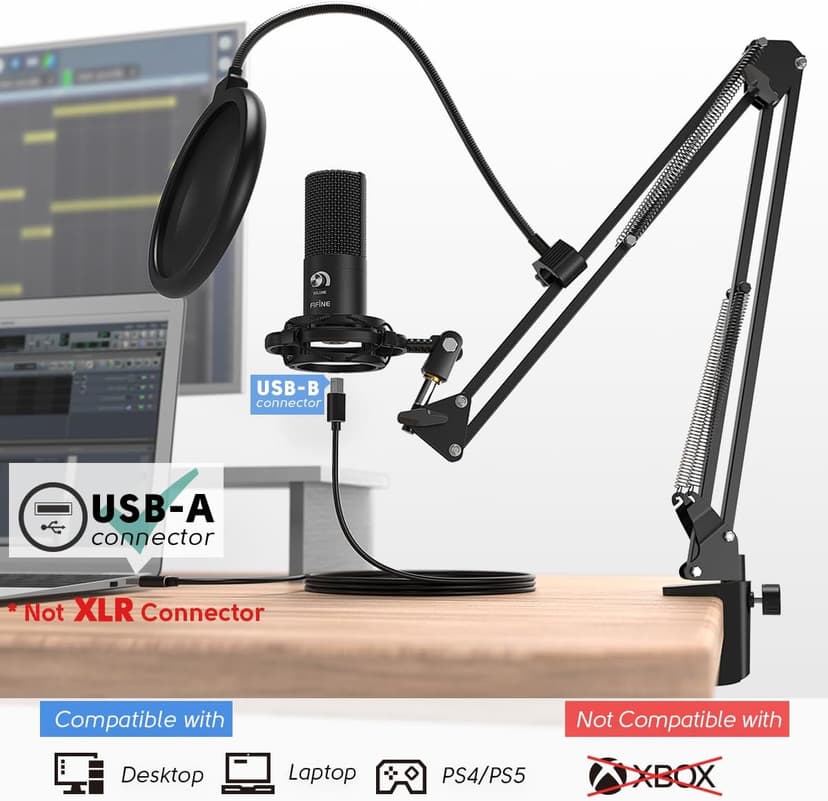 FIFINE Studio Condenser USB Microphone Computer PC Microphone Kit with Adjustable Boom Arm Stand Shock Mount for Instruments Voice Overs Recording Podcasting YouTube Vocal Gaming Streaming-T669