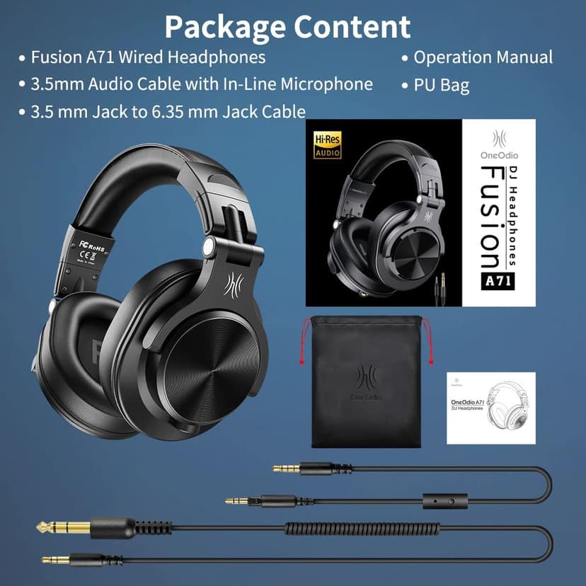 OneOdio A71 Hi-Res Studio Recording Headphones - Wired Over Ear Headphones with SharePort, Monitoring Mixing Foldable Headset with Stereo Sound, 3.5/6.35MM Jack for PC Computer DJ Guitar-Black