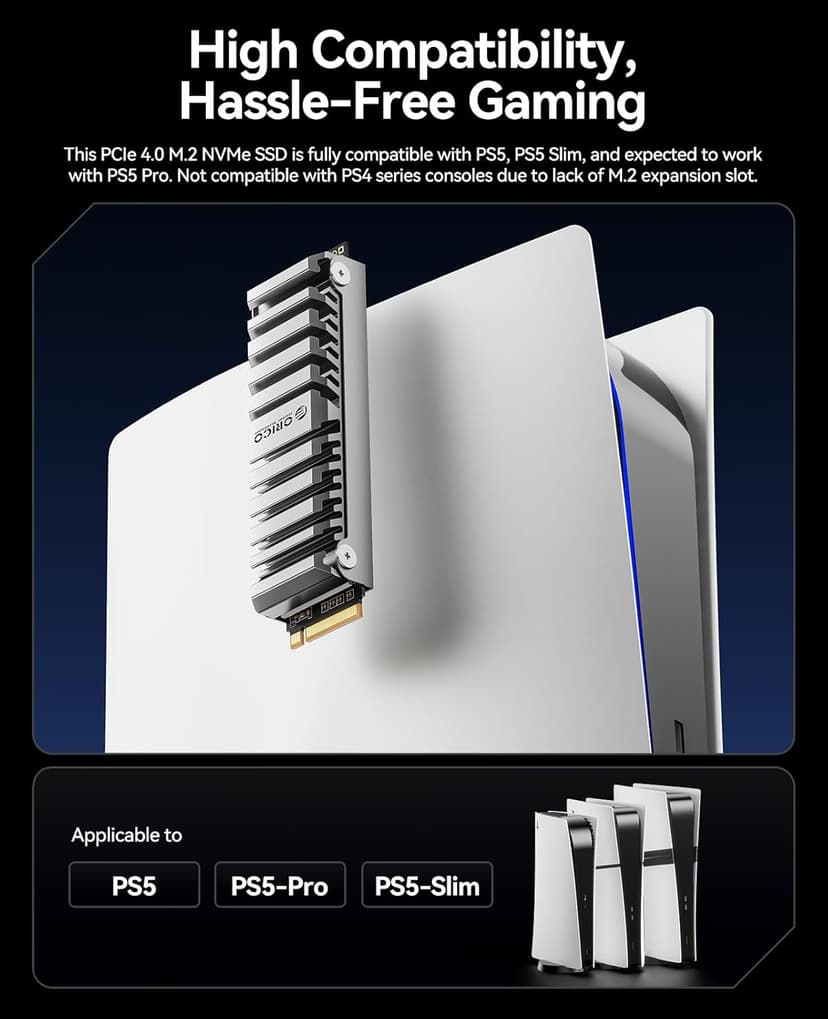 ORICO OS5 1TB M.2 SSD for PS5 Storage Expansion, M.2 PCIe 4.0 NVMe Gaming SSD with TLC NAND, 7450MB/s Read, Pre-Installed Heatsink Designed for PS5 Airflow, Ready for Direct Installation